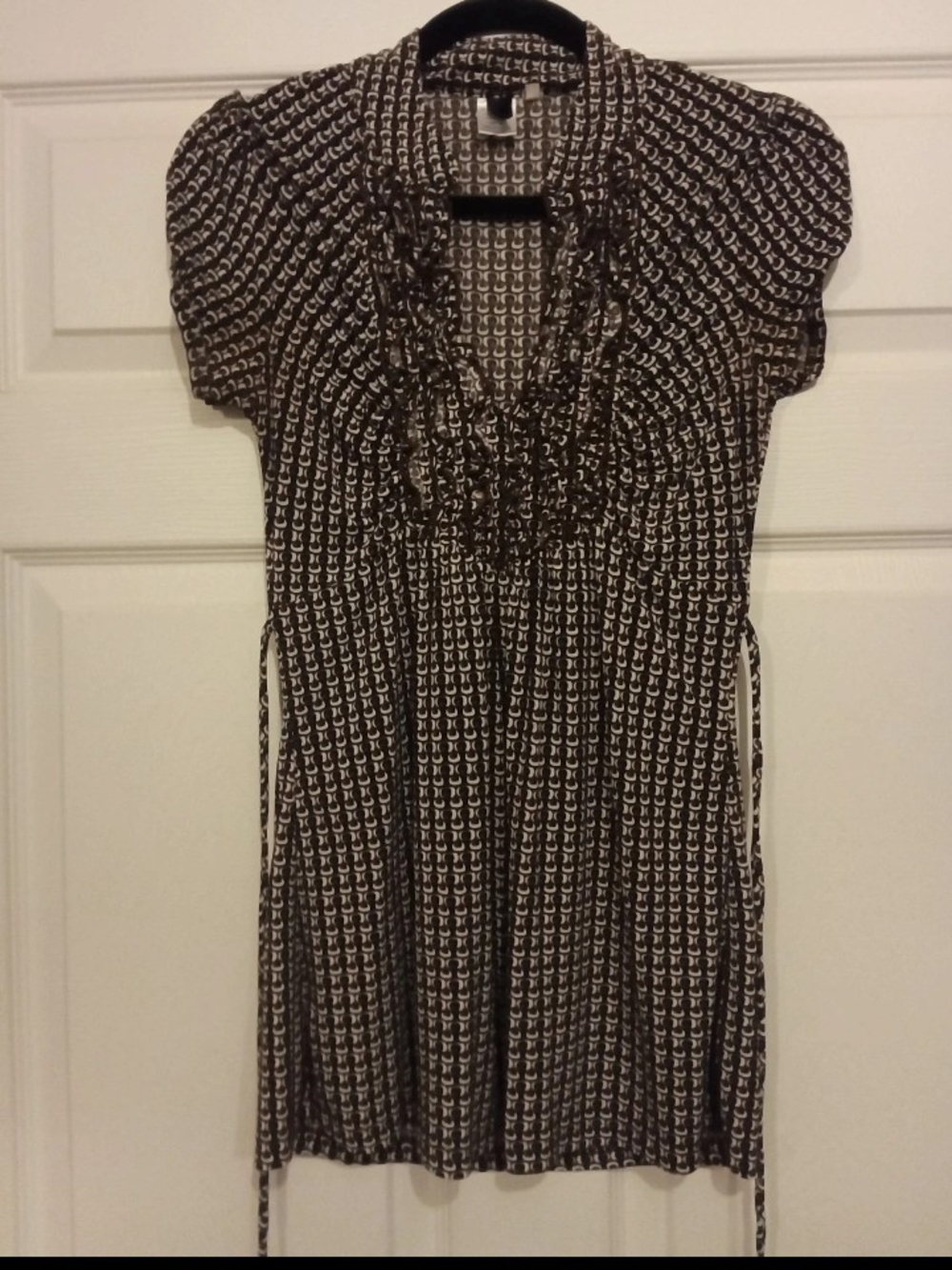 HeartSoul Black and White Printed Ruffle-Front Midi Dress